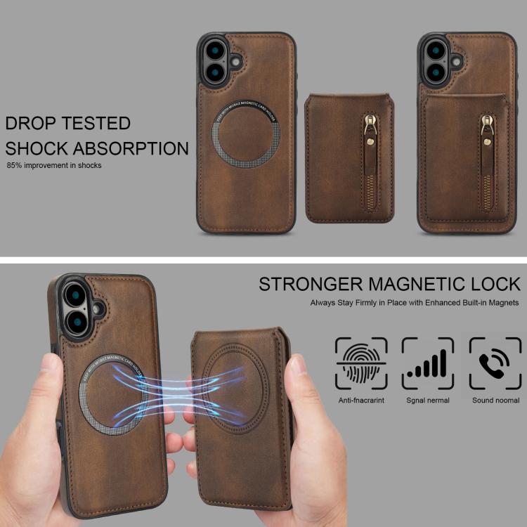 For iPhone 16 Zipper Wallet Split MagSafe Leather Back Phone Case(Brown) - iPhone 16 Cases by buy2fix | Online Shopping UK | buy2fix