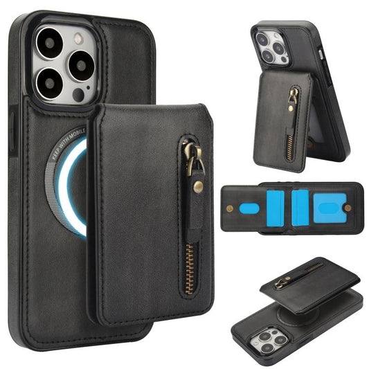 For iPhone 15 Pro Max Zipper Wallet Split MagSafe Leather Back Phone Case(Black) - iPhone 15 Pro Max Cases by buy2fix | Online Shopping UK | buy2fix