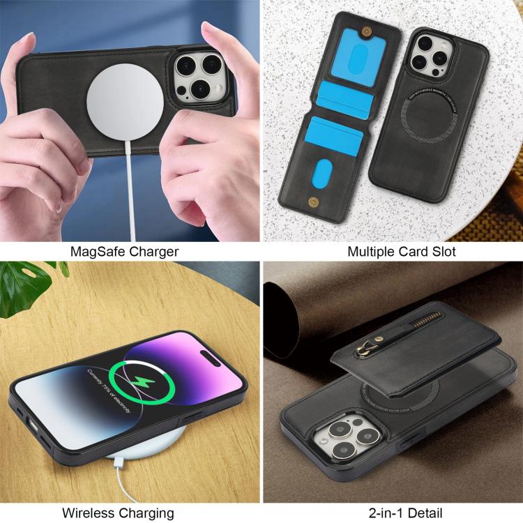 For iPhone 15 Pro Max Zipper Wallet Split MagSafe Leather Back Phone Case(Black) - iPhone 15 Pro Max Cases by buy2fix | Online Shopping UK | buy2fix