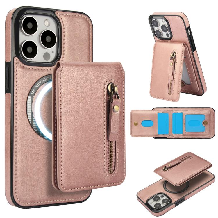 For iPhone 15 Pro Max Zipper Wallet Split MagSafe Leather Back Phone Case(Rose Gold) - iPhone 15 Pro Max Cases by buy2fix | Online Shopping UK | buy2fix