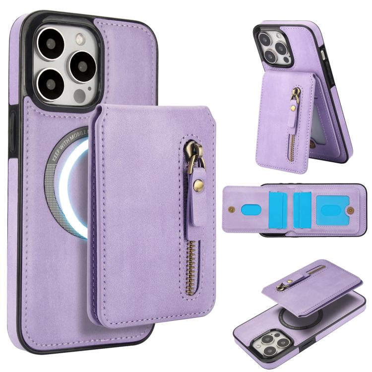 For iPhone 15 Pro Max Zipper Wallet Split MagSafe Leather Back Phone Case(Purple) - iPhone 15 Pro Max Cases by buy2fix | Online Shopping UK | buy2fix