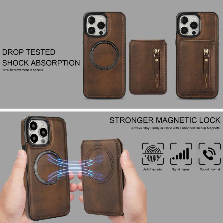 For iPhone 15 Pro Max Zipper Wallet Split MagSafe Leather Back Phone Case(Brown) - iPhone 15 Pro Max Cases by buy2fix | Online Shopping UK | buy2fix