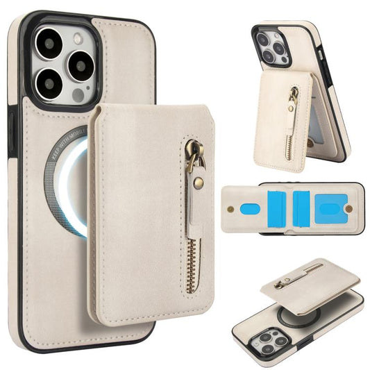 For iPhone 15 Pro Zipper Wallet Split MagSafe Leather Back Phone Case(White) - iPhone 15 Pro Cases by buy2fix | Online Shopping UK | buy2fix