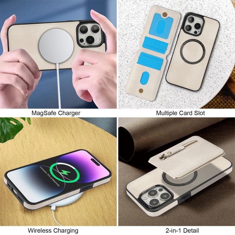 For iPhone 15 Pro Zipper Wallet Split MagSafe Leather Back Phone Case(White) - iPhone 15 Pro Cases by buy2fix | Online Shopping UK | buy2fix