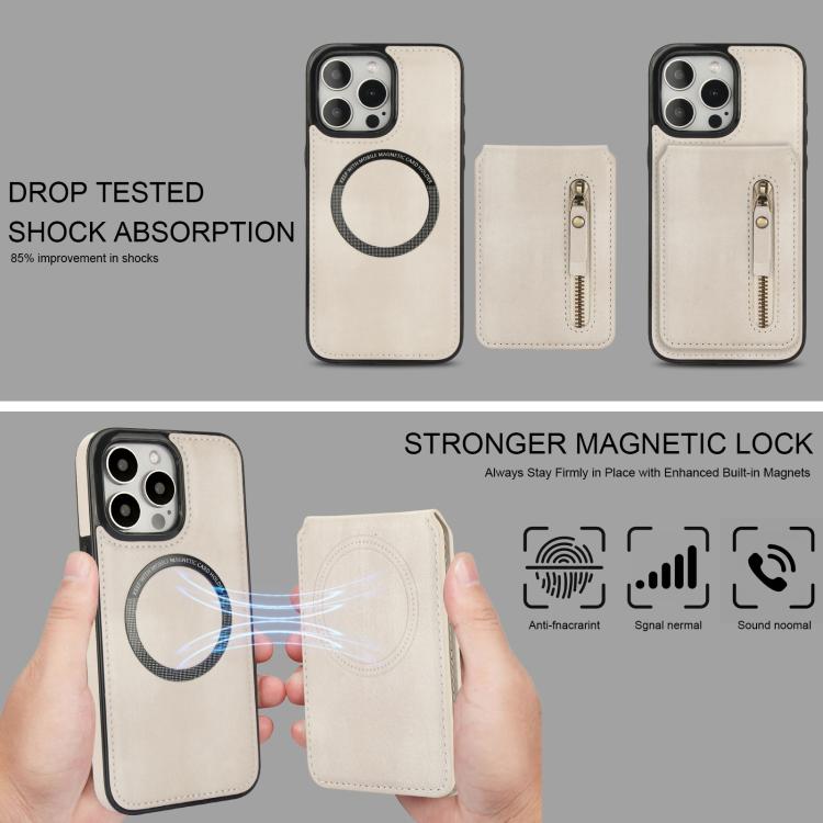 For iPhone 15 Pro Zipper Wallet Split MagSafe Leather Back Phone Case(White) - iPhone 15 Pro Cases by buy2fix | Online Shopping UK | buy2fix