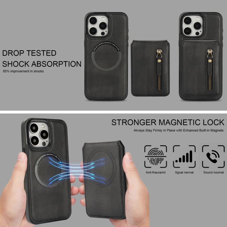 For iPhone 15 Pro Zipper Wallet Split MagSafe Leather Back Phone Case(Black) - iPhone 15 Pro Cases by buy2fix | Online Shopping UK | buy2fix