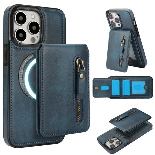 For iPhone 15 Pro Zipper Wallet Split MagSafe Leather Back Phone Case(Blue) - iPhone 15 Pro Cases by buy2fix | Online Shopping UK | buy2fix