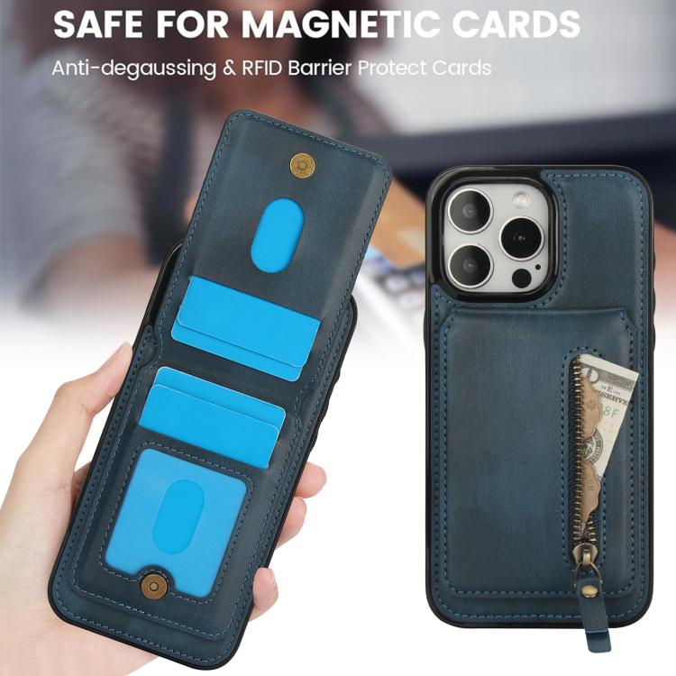 For iPhone 15 Pro Zipper Wallet Split MagSafe Leather Back Phone Case(Blue) - iPhone 15 Pro Cases by buy2fix | Online Shopping UK | buy2fix