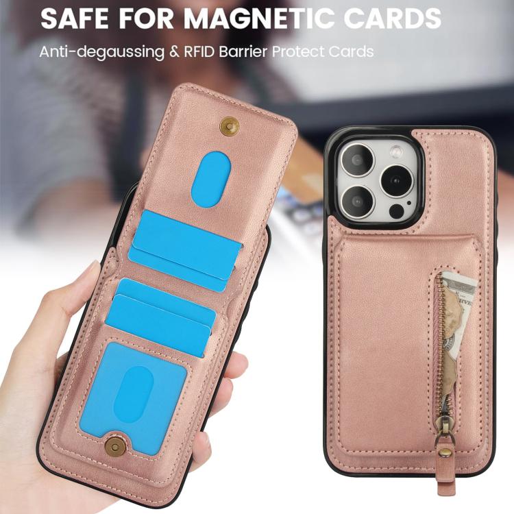 For iPhone 15 Pro Zipper Wallet Split MagSafe Leather Back Phone Case(Rose Gold) - iPhone 15 Pro Cases by buy2fix | Online Shopping UK | buy2fix
