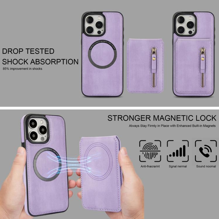For iPhone 15 Pro Zipper Wallet Split MagSafe Leather Back Phone Case(Purple) - iPhone 15 Pro Cases by buy2fix | Online Shopping UK | buy2fix