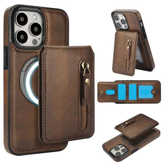 For iPhone 15 Pro Zipper Wallet Split MagSafe Leather Back Phone Case(Brown) - iPhone 15 Pro Cases by buy2fix | Online Shopping UK | buy2fix