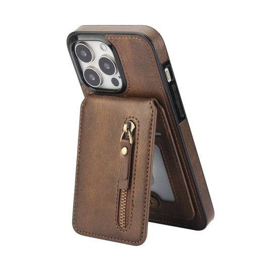 For iPhone 15 Pro Zipper Wallet Split MagSafe Leather Back Phone Case(Brown) - iPhone 15 Pro Cases by buy2fix | Online Shopping UK | buy2fix