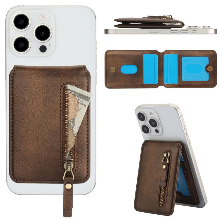 For iPhone 15 Pro Zipper Wallet Split MagSafe Leather Back Phone Case(Brown) - iPhone 15 Pro Cases by buy2fix | Online Shopping UK | buy2fix