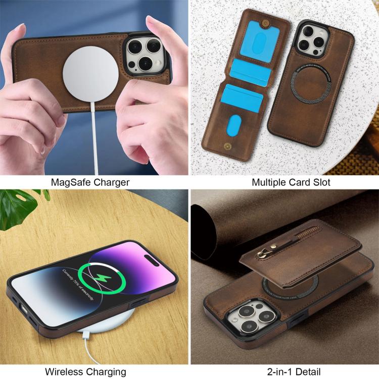 For iPhone 15 Pro Zipper Wallet Split MagSafe Leather Back Phone Case(Brown) - iPhone 15 Pro Cases by buy2fix | Online Shopping UK | buy2fix