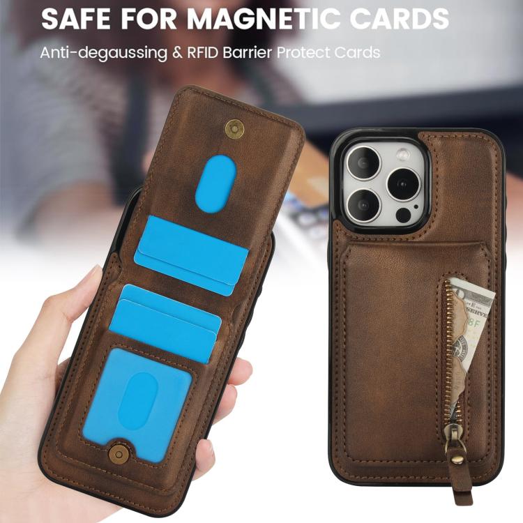 For iPhone 15 Pro Zipper Wallet Split MagSafe Leather Back Phone Case(Brown) - iPhone 15 Pro Cases by buy2fix | Online Shopping UK | buy2fix