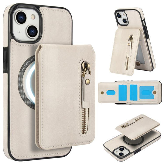 For iPhone 15 Zipper Wallet Split MagSafe Leather Back Phone Case(White)