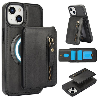 For iPhone 15 Zipper Wallet Split MagSafe Leather Back Phone Case(Black) - iPhone 15 Cases by buy2fix | Online Shopping UK | buy2fix