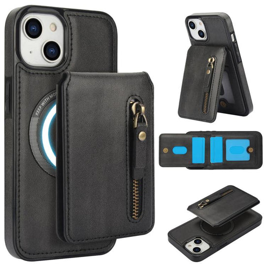 For iPhone 15 Zipper Wallet Split MagSafe Leather Back Phone Case(Black)