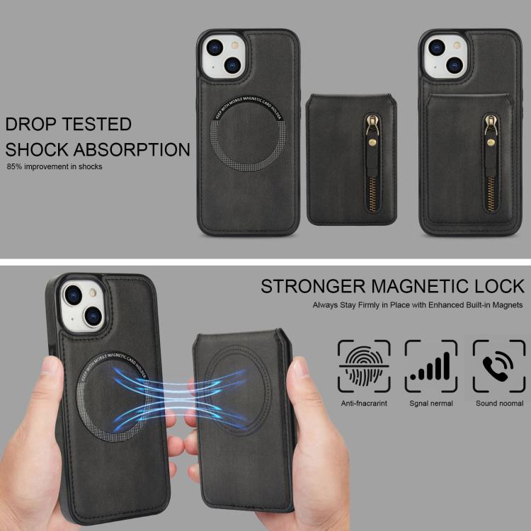 For iPhone 15 Zipper Wallet Split MagSafe Leather Back Phone Case(Black) - iPhone 15 Cases by buy2fix | Online Shopping UK | buy2fix