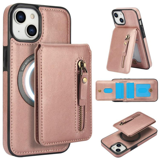 For iPhone 15 Zipper Wallet Split MagSafe Leather Back Phone Case(Rose Gold)