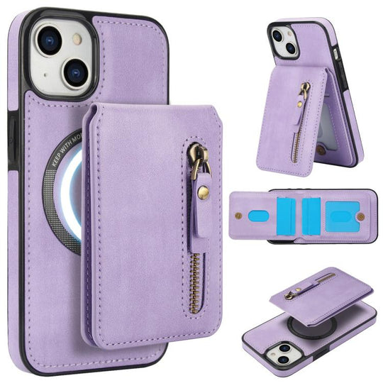 For iPhone 15 Zipper Wallet Split MagSafe Leather Back Phone Case(Purple)