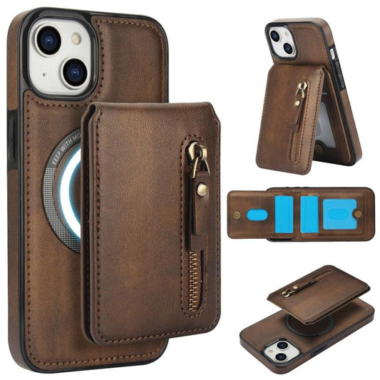 For iPhone 15 Zipper Wallet Split MagSafe Leather Back Phone Case(Brown) - iPhone 15 Cases by buy2fix | Online Shopping UK | buy2fix