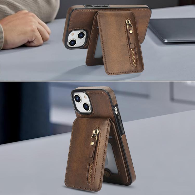 For iPhone 15 Zipper Wallet Split MagSafe Leather Back Phone Case(Brown) - iPhone 15 Cases by buy2fix | Online Shopping UK | buy2fix