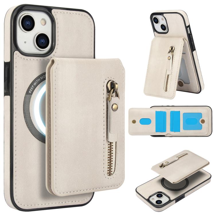 For iPhone 14 Zipper Wallet Split MagSafe Leather Back Phone Case(White) - iPhone 14 Cases by buy2fix | Online Shopping UK | buy2fix