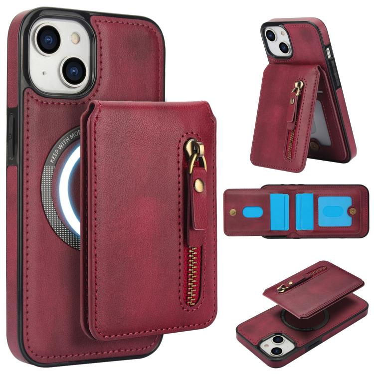 For iPhone 14 Zipper Wallet Split MagSafe Leather Back Phone Case(Red) - iPhone 14 Cases by buy2fix | Online Shopping UK | buy2fix