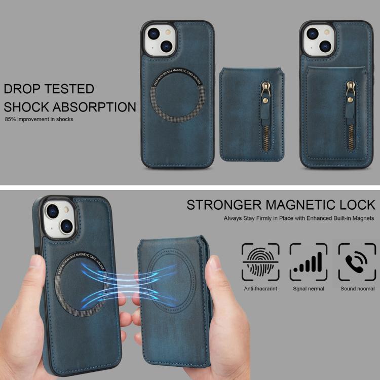 For iPhone 14 Zipper Wallet Split MagSafe Leather Back Phone Case(Blue) - iPhone 14 Cases by buy2fix | Online Shopping UK | buy2fix