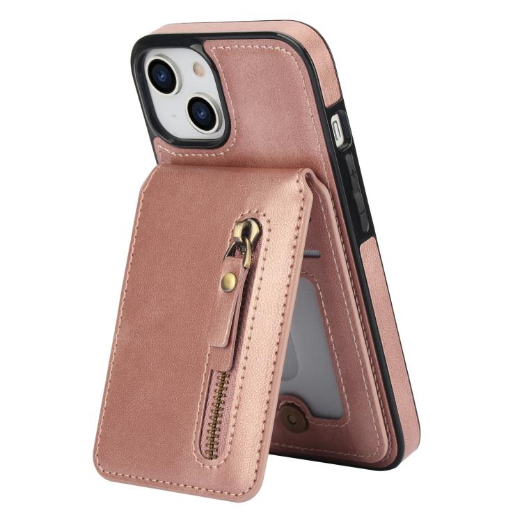 For iPhone 14 Zipper Wallet Split MagSafe Leather Back Phone Case(Rose Gold) - iPhone 14 Cases by buy2fix | Online Shopping UK | buy2fix