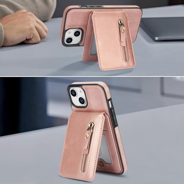 For iPhone 14 Zipper Wallet Split MagSafe Leather Back Phone Case(Rose Gold) - iPhone 14 Cases by buy2fix | Online Shopping UK | buy2fix
