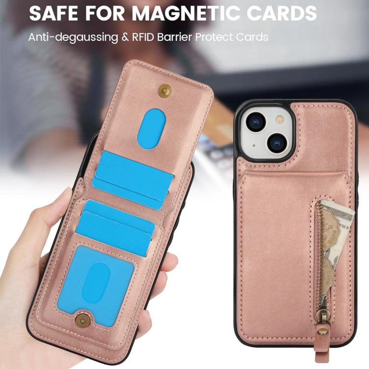 For iPhone 14 Zipper Wallet Split MagSafe Leather Back Phone Case(Rose Gold) - iPhone 14 Cases by buy2fix | Online Shopping UK | buy2fix