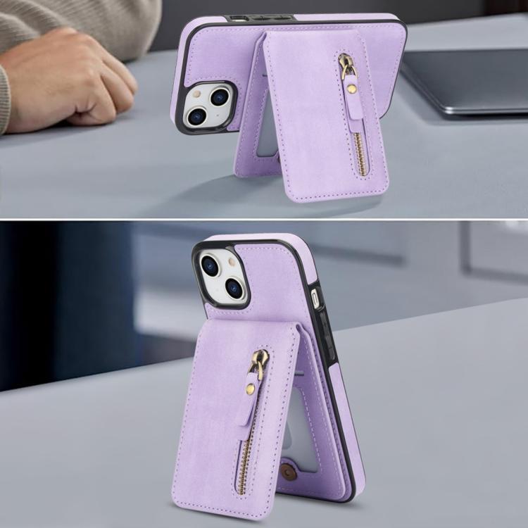 For iPhone 14 Zipper Wallet Split MagSafe Leather Back Phone Case(Purple) - iPhone 14 Cases by buy2fix | Online Shopping UK | buy2fix