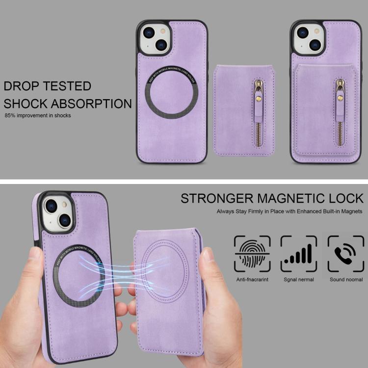 For iPhone 14 Zipper Wallet Split MagSafe Leather Back Phone Case(Purple) - iPhone 14 Cases by buy2fix | Online Shopping UK | buy2fix