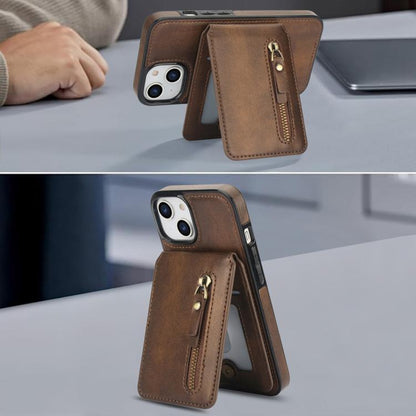 For iPhone 14 Zipper Wallet Split MagSafe Leather Back Phone Case(Brown) - iPhone 14 Cases by buy2fix | Online Shopping UK | buy2fix