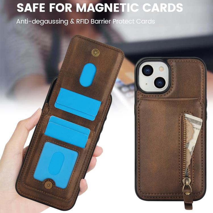 For iPhone 14 Zipper Wallet Split MagSafe Leather Back Phone Case(Brown) - iPhone 14 Cases by buy2fix | Online Shopping UK | buy2fix