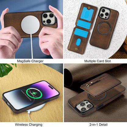 For iPhone 14 Pro Max Zipper Wallet Split MagSafe Leather Back Phone Case(Brown) - iPhone 14 Pro Max Cases by buy2fix | Online Shopping UK | buy2fix