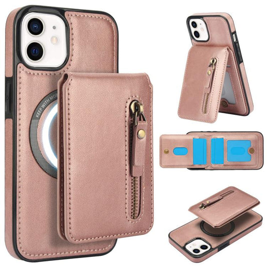 For iPhone 12 / 12 Pro Zipper Wallet Split MagSafe Leather Back Phone Case(Rose Gold) - iPhone 12 / 12 Pro Cases by buy2fix | Online Shopping UK | buy2fix