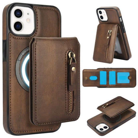 For iPhone 11 Zipper Wallet Split MagSafe Leather Back Phone Case(Brown) - iPhone 11 Cases by buy2fix | Online Shopping UK | buy2fix