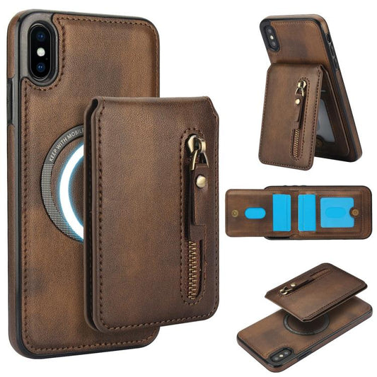 For iPhone XS Max Zipper Wallet Split MagSafe Leather Back Phone Case(Brown) - More iPhone Cases by buy2fix | Online Shopping UK | buy2fix