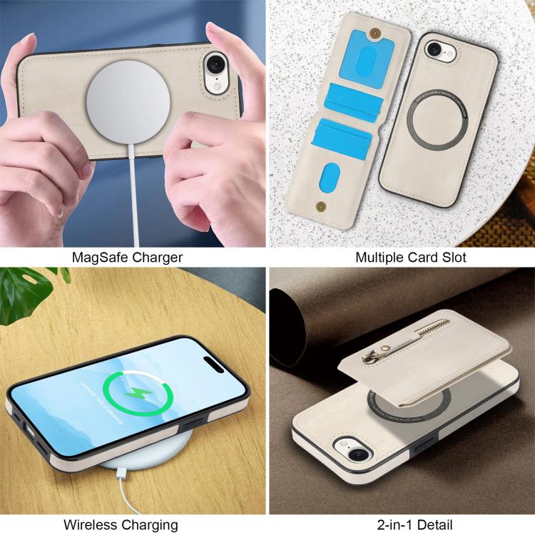 For iPhone 16e Zipper Wallet Split MagSafe Leather Back Phone Case(White) - iPhone 16e Cases by buy2fix | Online Shopping UK | buy2fix