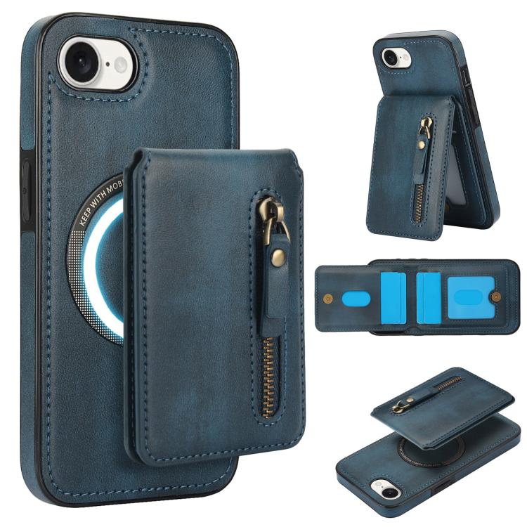 For iPhone 16e Zipper Wallet Split MagSafe Leather Back Phone Case(Blue) - iPhone 16e Cases by buy2fix | Online Shopping UK | buy2fix