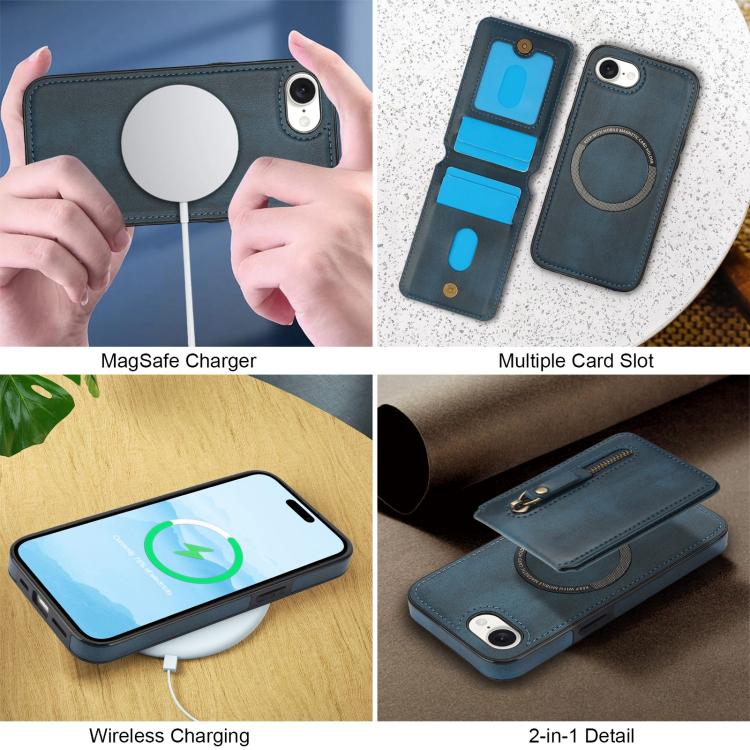 For iPhone 16e Zipper Wallet Split MagSafe Leather Back Phone Case(Blue) - iPhone 16e Cases by buy2fix | Online Shopping UK | buy2fix