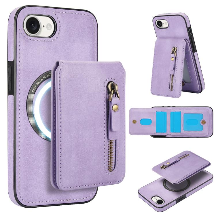 For iPhone 16e Zipper Wallet Split MagSafe Leather Back Phone Case(Purple) - iPhone 16e Cases by buy2fix | Online Shopping UK | buy2fix