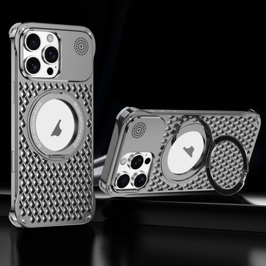 For iPhone 16 Pro Max R-JUST RJ-64 Aromatherapy Heat Dissipation MagSafe Phone Case with Stand(Grey)