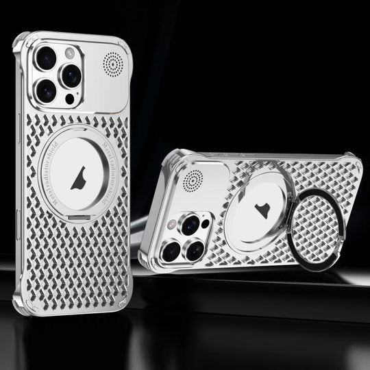 For iPhone 15 Pro R-JUST RJ-64 Aromatherapy Heat Dissipation MagSafe Phone Case with Stand(Silver)