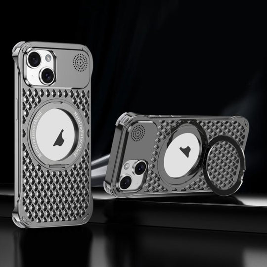 For iPhone 15 R-JUST RJ-64 Aromatherapy Heat Dissipation MagSafe Phone Case with Stand(Grey)