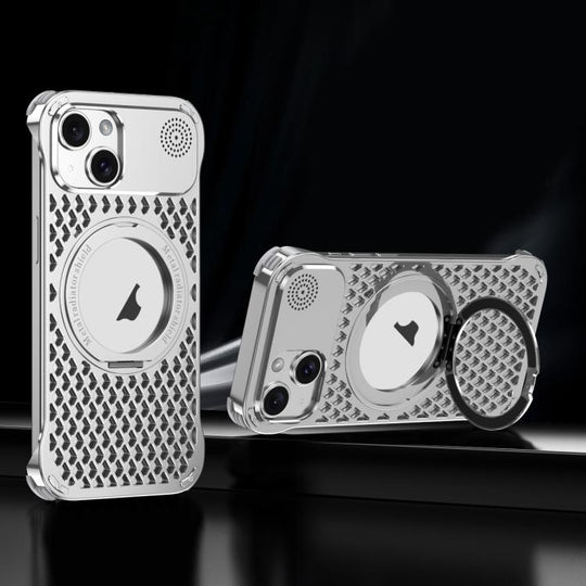 For iPhone 15 R-JUST RJ-64 Aromatherapy Heat Dissipation MagSafe Phone Case with Stand(Silver)