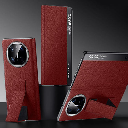 For Huawei Mate X6 SULADA Smart Series Wristband Holder Smart View Window Genuine Leather Phone Case(Red)